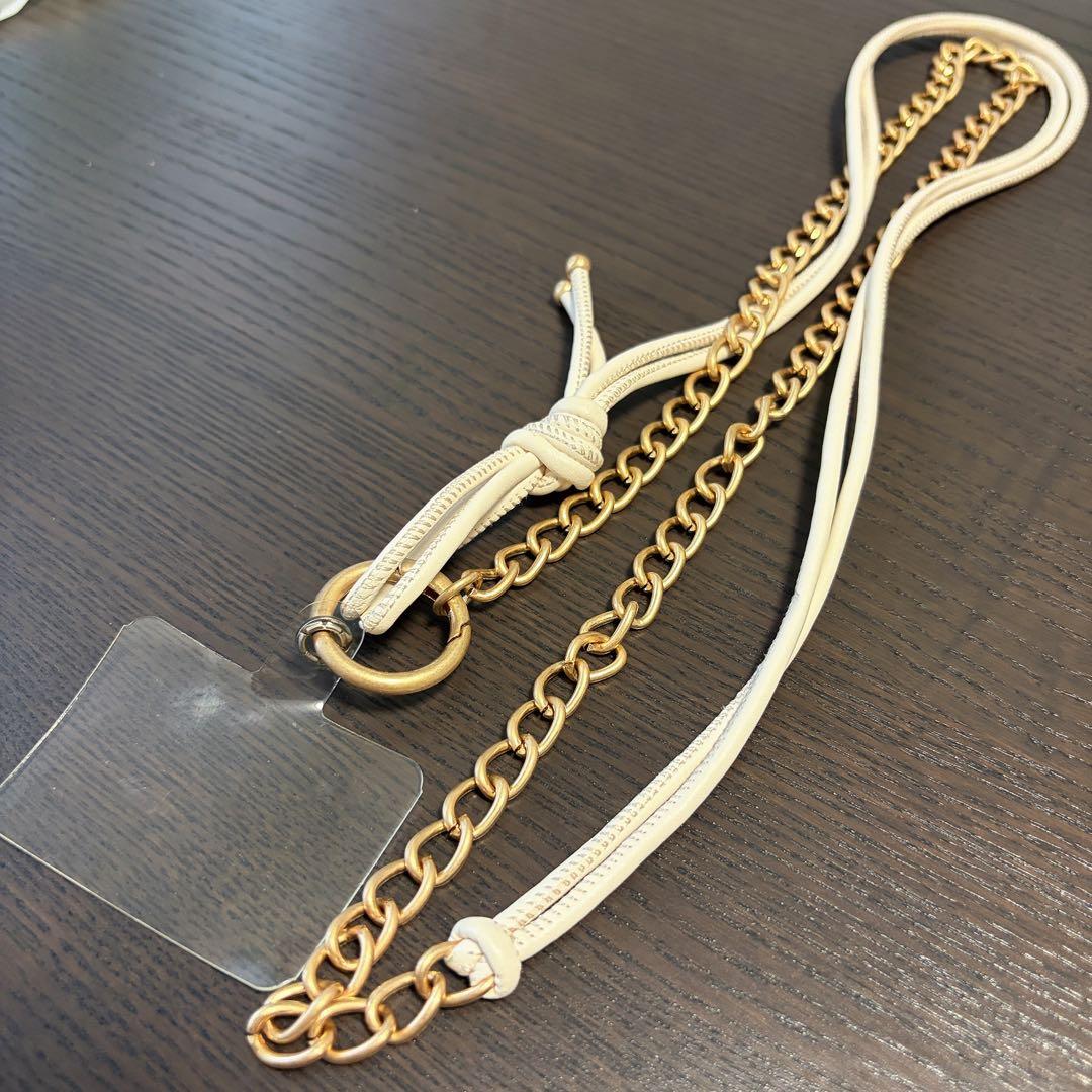 【新品】スマホショルダーストラップ ゴールドチェーン ホワイト