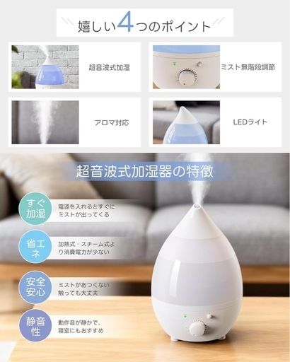 新品 加湿器 小型 卓上 超音波式 アロマ対応 LEDライト 空焚き防止の写真3枚目