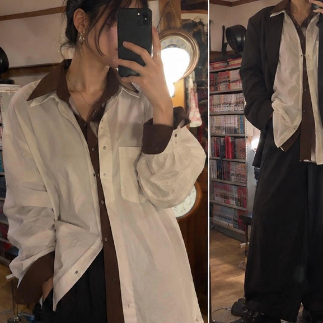 ZARA×古着 長袖シャツ ブラウン×ホワイト バイカラー