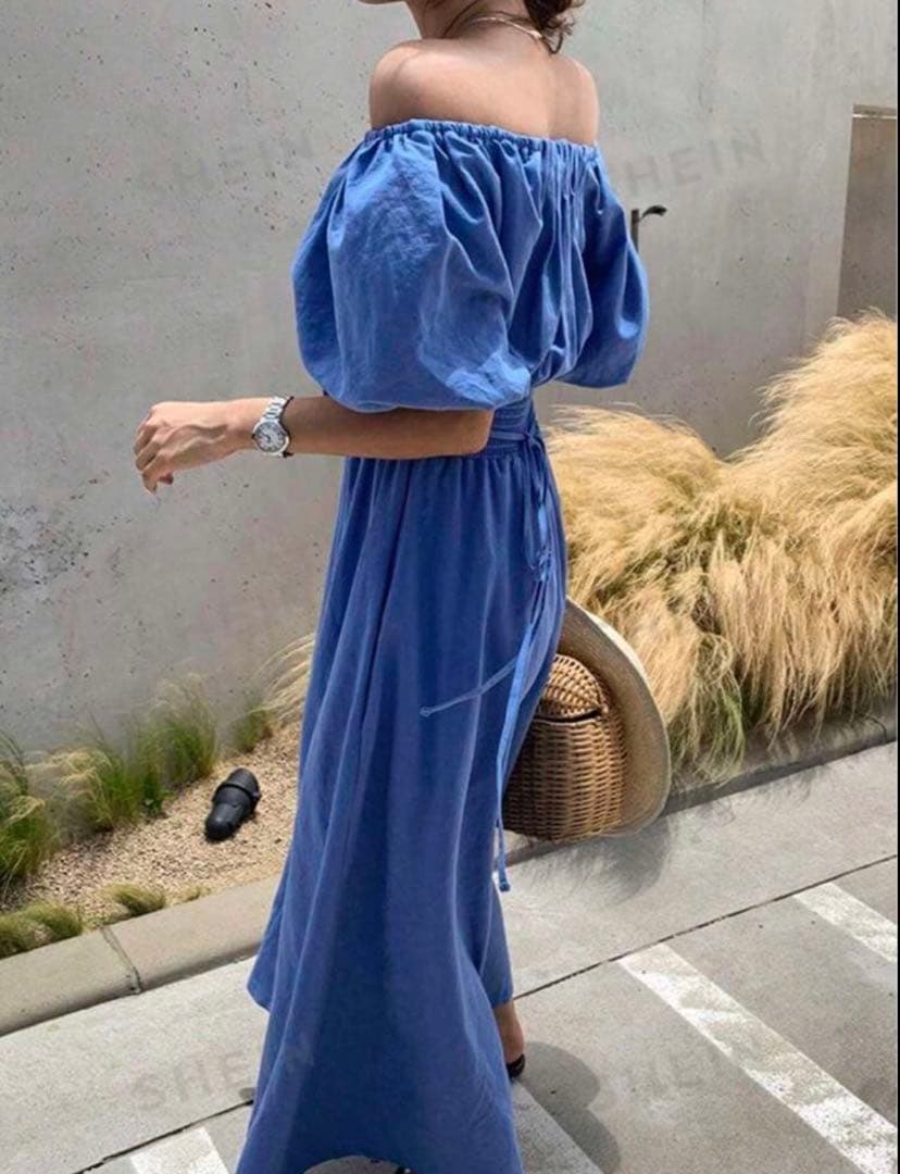 DAZY パフスリーブ オフショルダーコットンドレス リゾート ブラック Mの写真3枚目