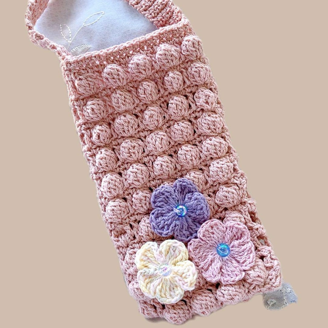 ハンドメイド 毛糸 スマホケース バック 花 ピンク