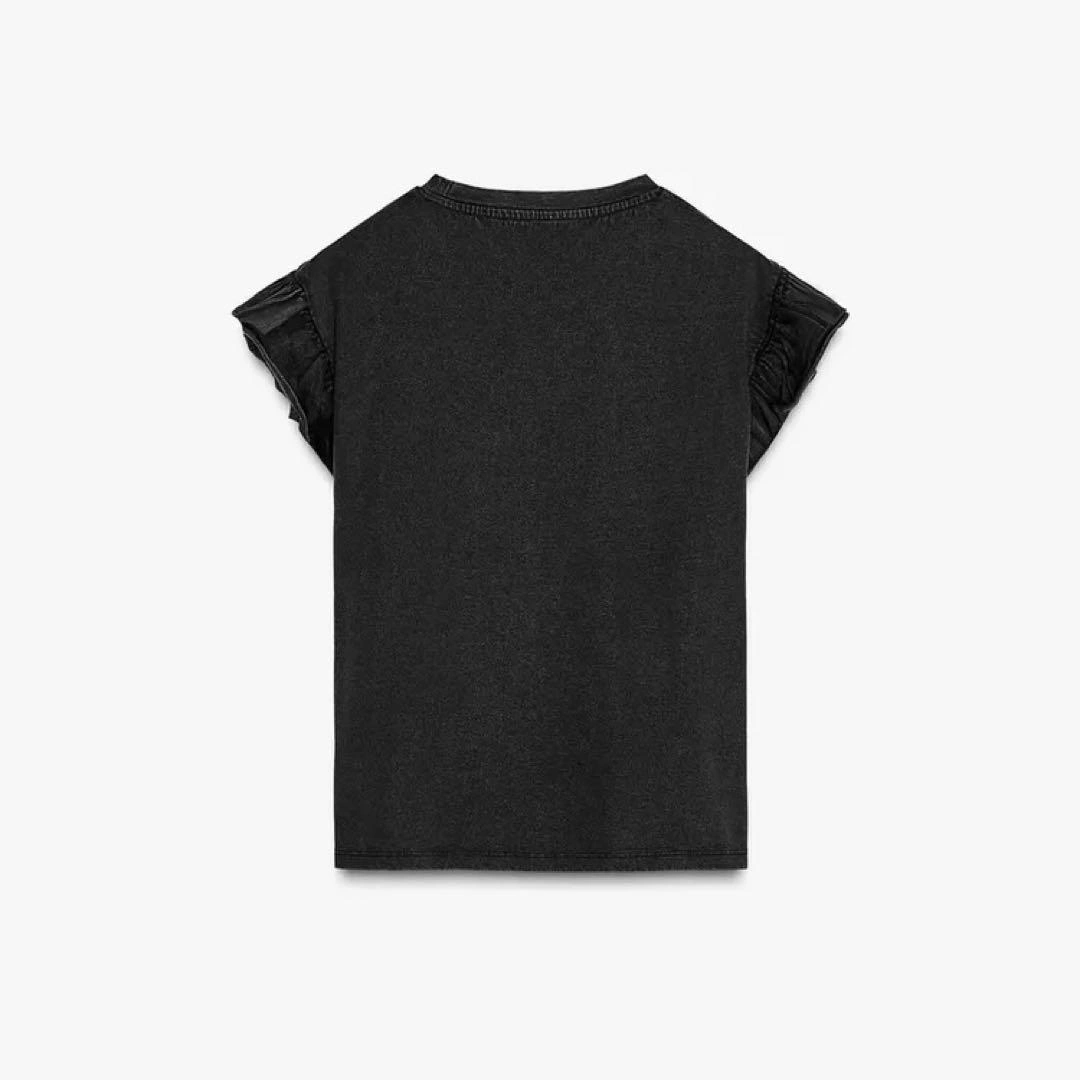 完売品 ZARAフリルスリーブ 綿 Tシャツ Lサイズ ブラック ウォッシュ加工の写真2枚目