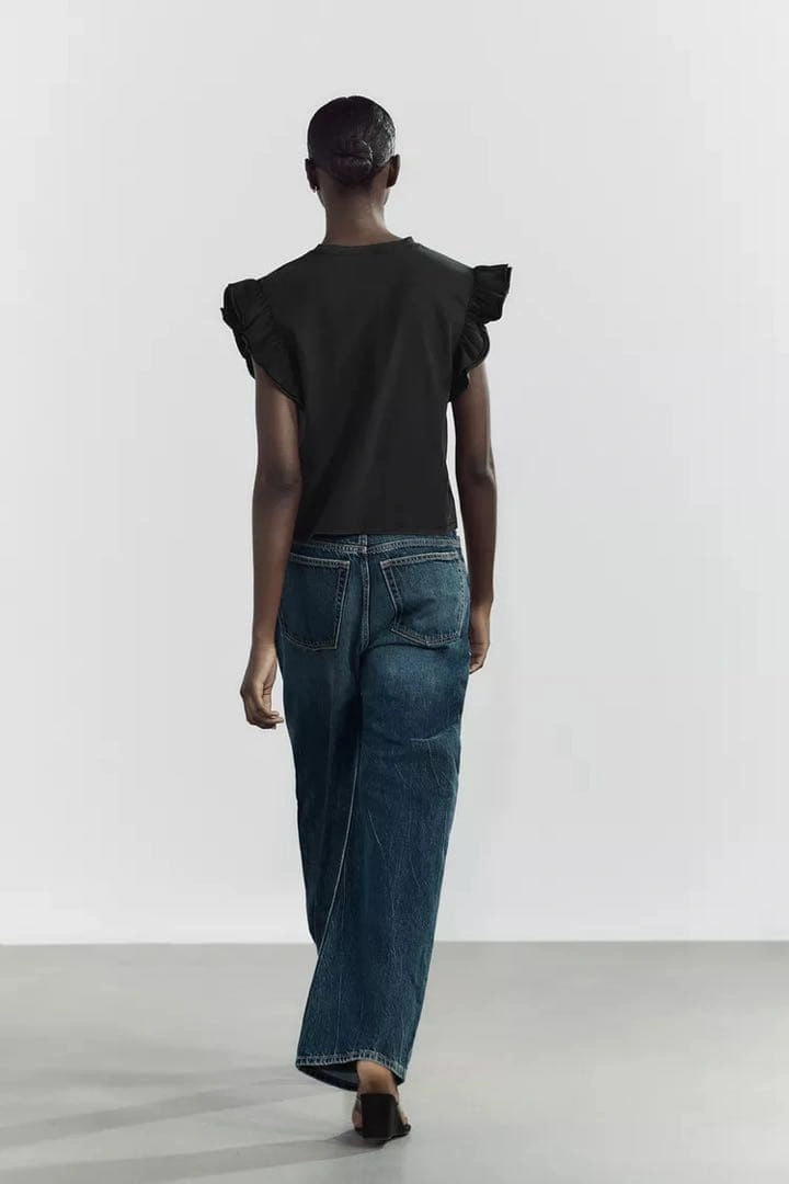 完売品 ZARAフリルスリーブ 綿 Tシャツ Lサイズ ブラック ウォッシュ加工の写真5枚目