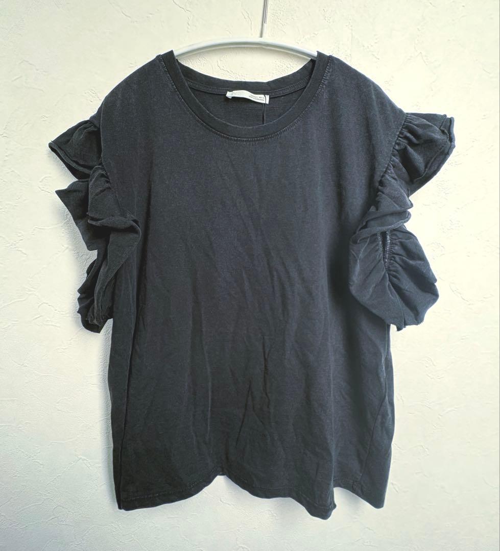 完売品 ZARAフリルスリーブ 綿 Tシャツ Lサイズ ブラック ウォッシュ加工の写真8枚目