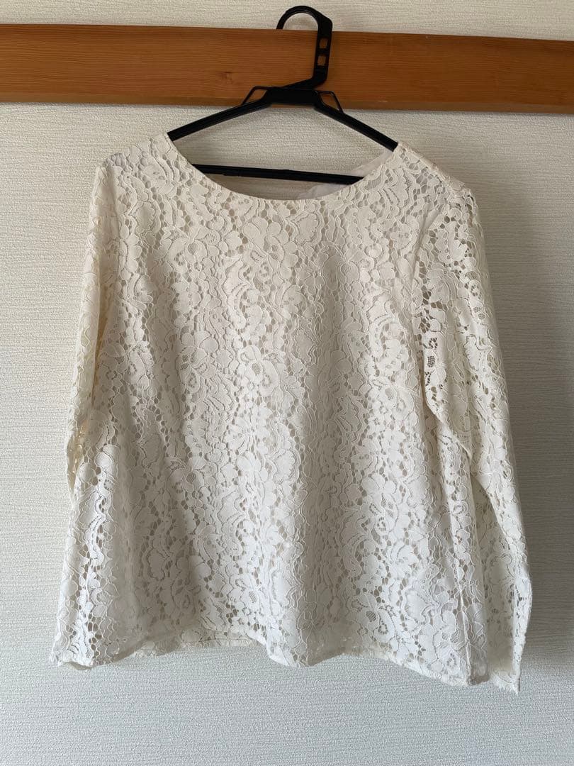 白 レース 長袖 トップス + ネイビーゴム入り スカート セット