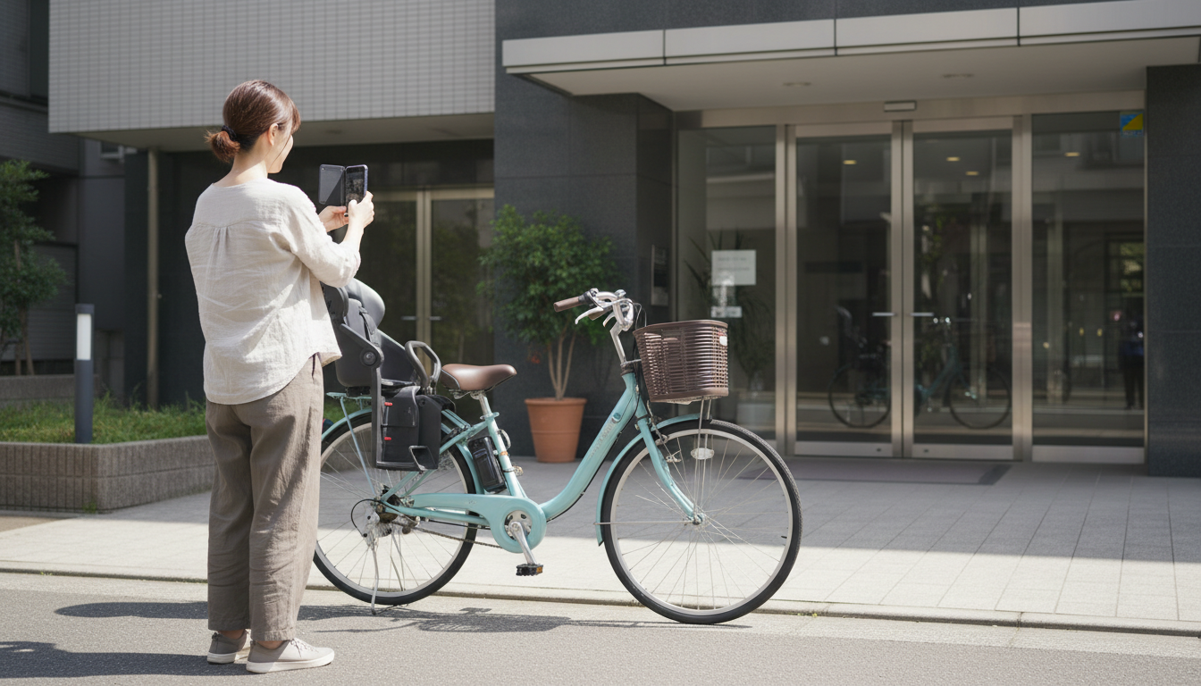 電動自転車をスマートフォンで撮影してフリマアプリに出品する女性