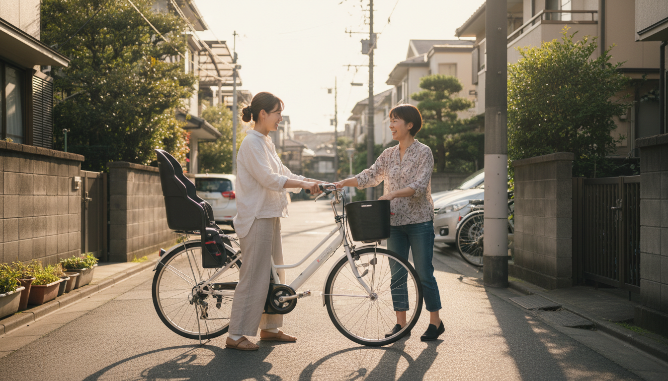 住宅街で電動自転車を対面で受け渡すご近所同士の様子