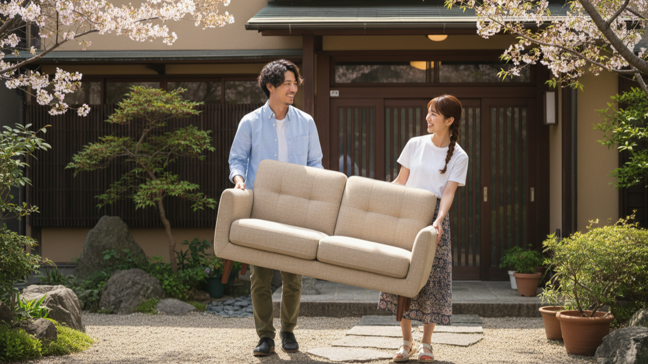 ご近所さんと対面でソファを受け渡しするイメージ。送料0円・梱包不要の直接取引