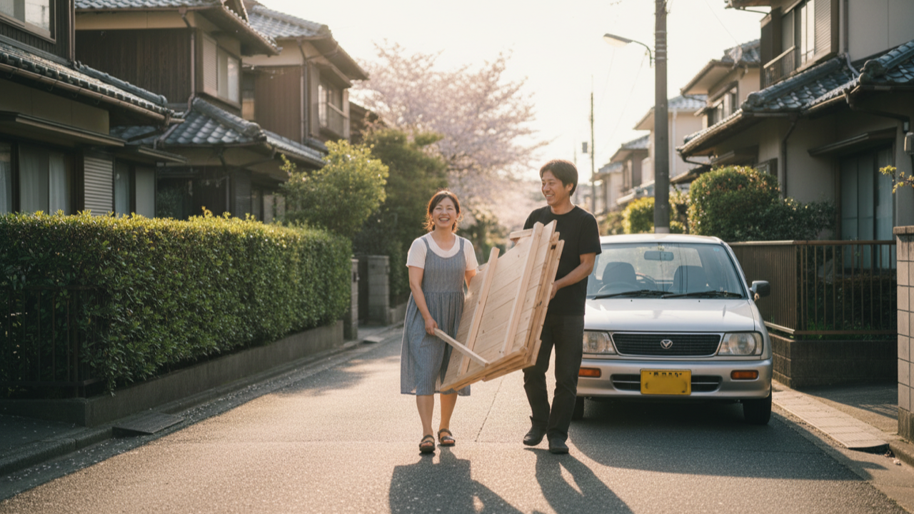  ご近所さんと解体したベッドフレームを車まで運ぶ様子。買い手が取りに来てくれる直接取引