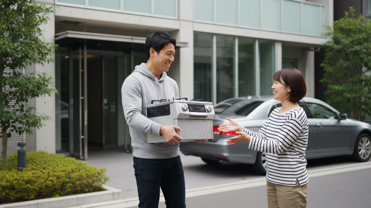 │ ご近所さんと対面でガスコンロを受け渡すイメージ。重く油汚れもつきやすいので対面が向く