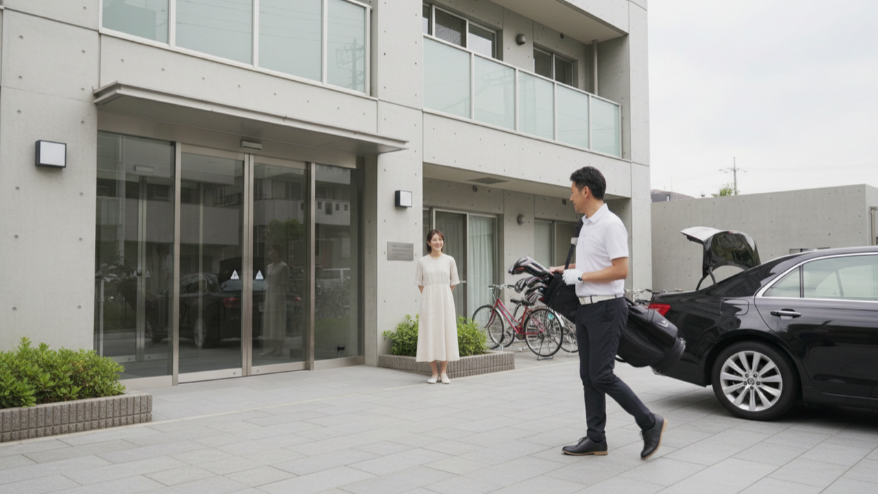 ご近所さんへゴルフクラブ一式を渡す様子。長いので宅配より対面が向く