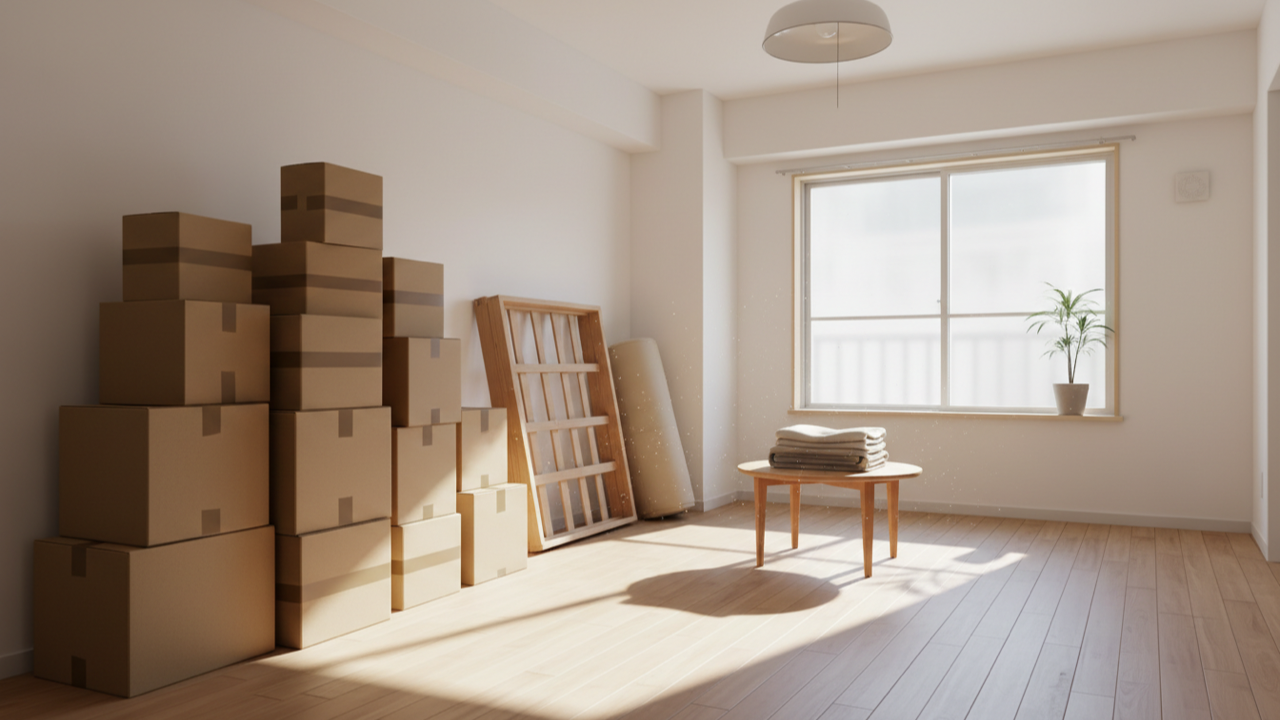 引越し前の部屋に並ぶ段ボールと家具。不用品の処分は引越し日から逆算して進める