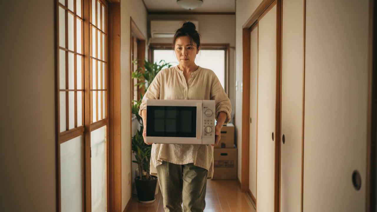 電子レンジを両手で抱えて運ぶ様子。1人で運べるサイズ感