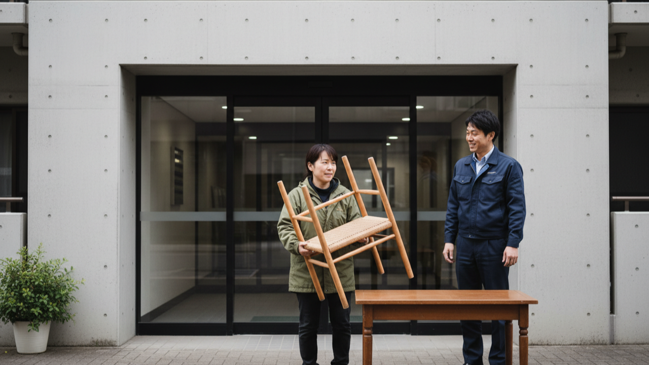  ご近所さんへ机と椅子を一式で渡す様子。大人2人で運べるサイズ