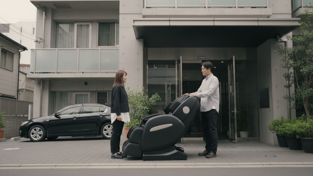 ご近所さんとマッサージチェアを受け渡す様子。重いので対面取引が向く