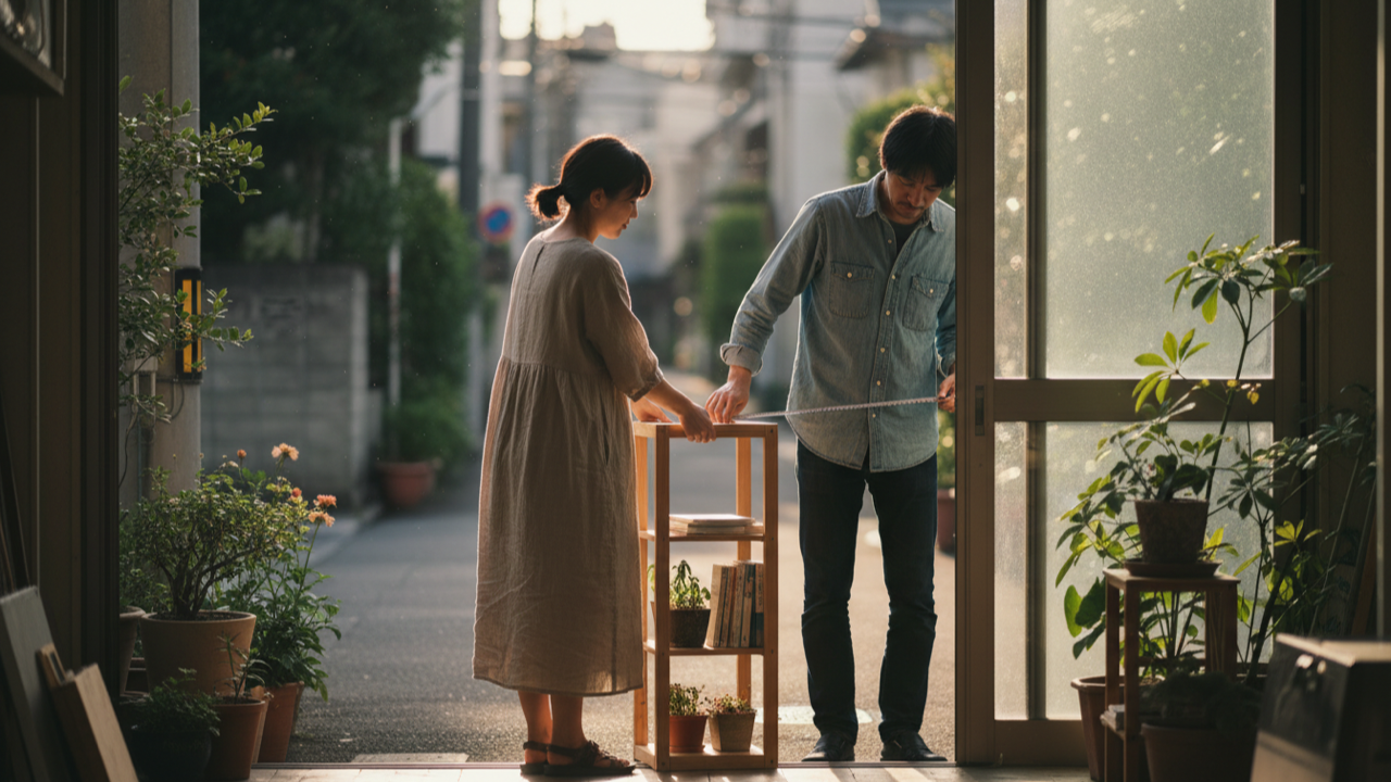 玄関の幅をメジャーで測りながら棚を運び出す様子。大きなものは受け取る側の運搬まで考えて出す