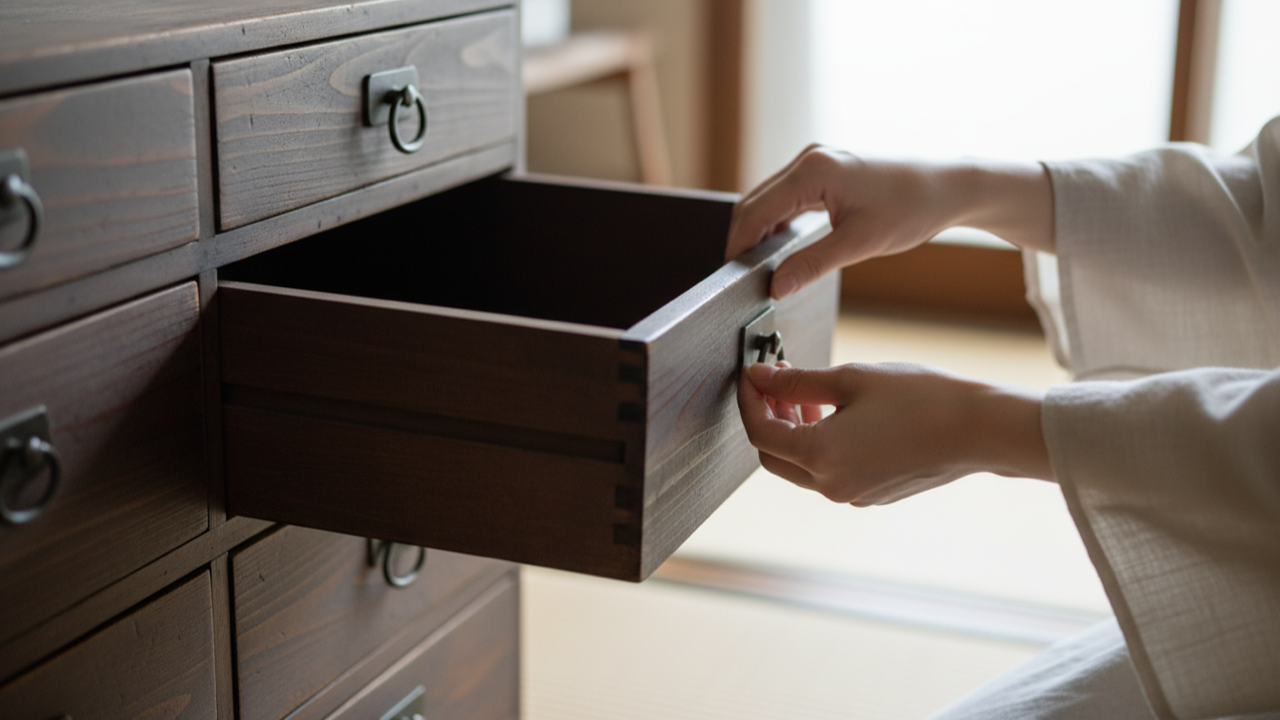  チェストの引き出しを開けて中を確認する様子。受け渡し前に中身を空にする