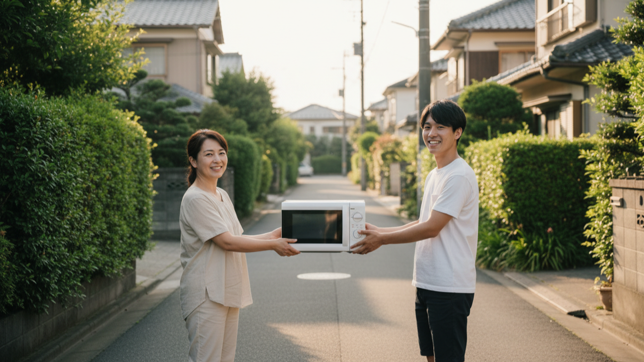 ご近所さんに電子レンジを手渡す様子。送料0円・梱包不要の直接取引