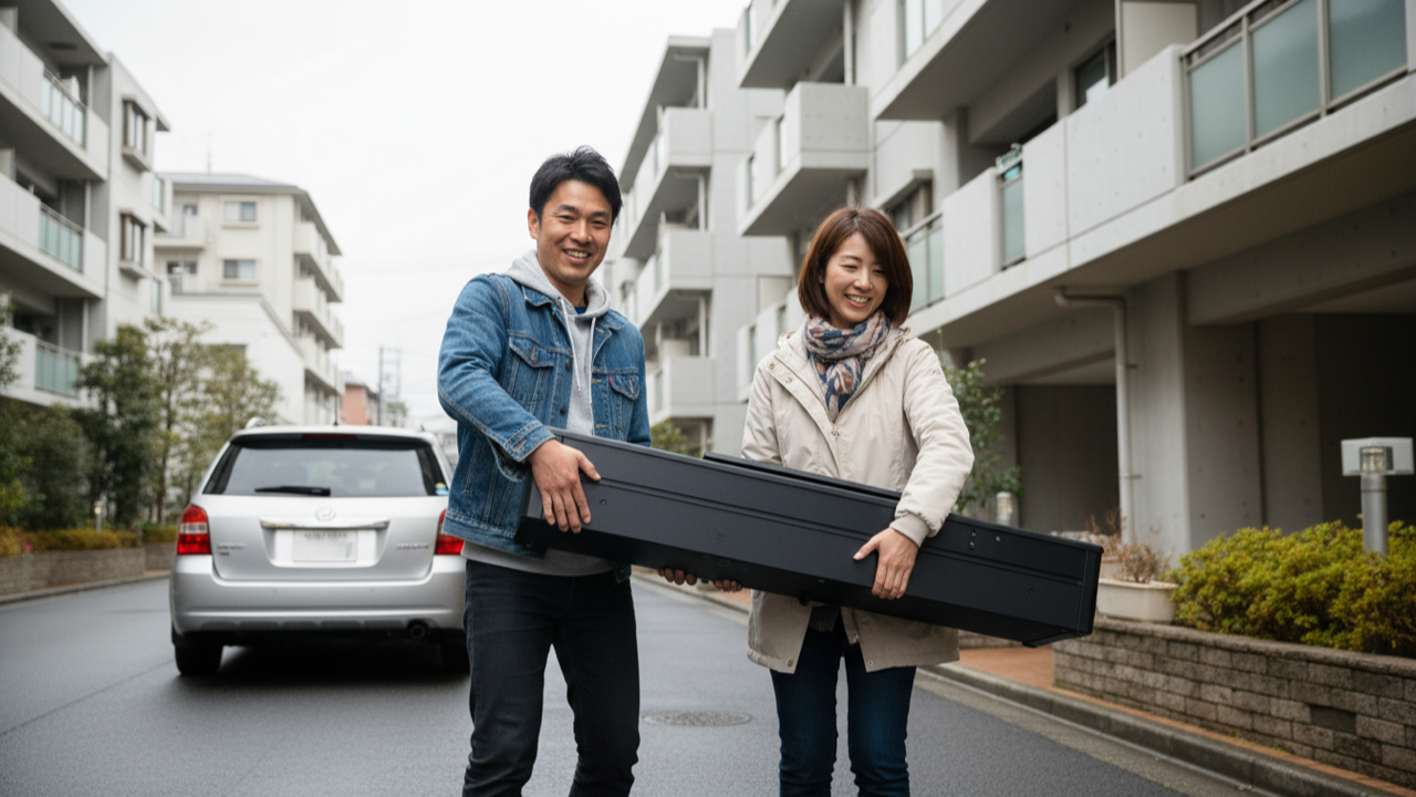 電子ピアノを2人で車まで運ぶ様子。据置モデルは30kgを超えることもあり受け渡しに人手が要る