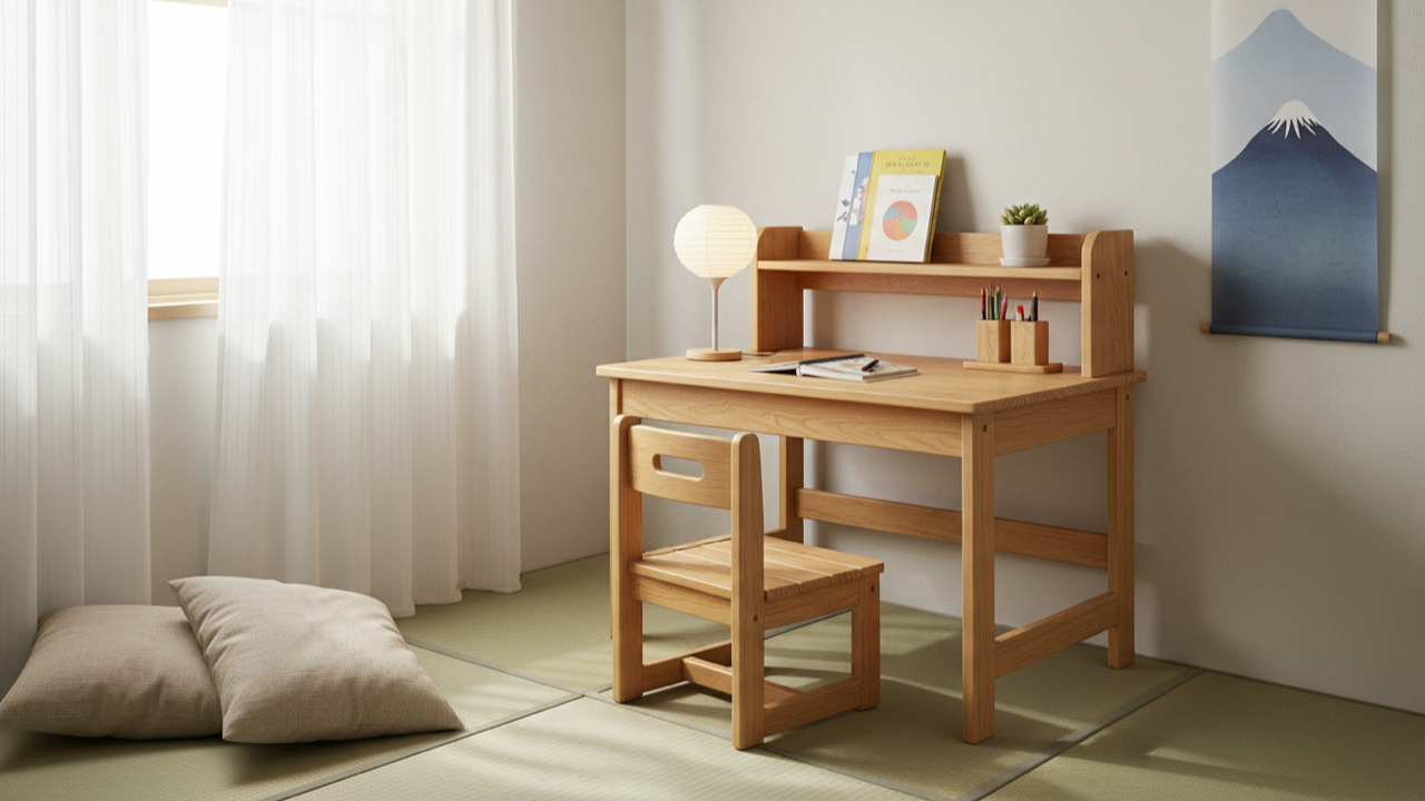 子ども部屋に置かれた木製の学習机と椅子。粗大ごみは袖なし900円から