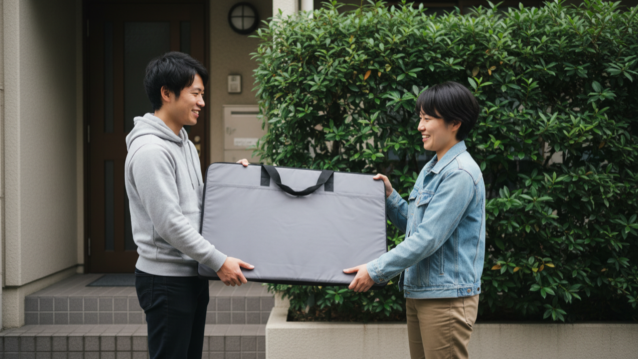  ご近所さんと対面でモニターを受け渡すイメージ。申し込みも梱包も発送も不要