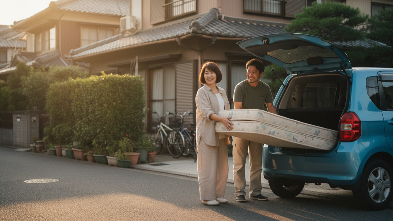  ご近所さんとマットレスを車に積み込む様子。買い手が取りに来てくれる直接取引