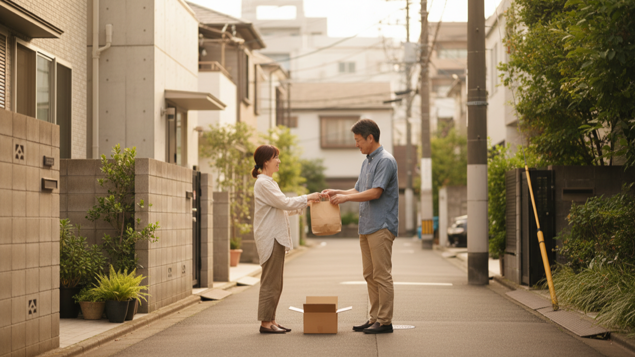 ご近所さんと路上で荷物を手渡す様子。対面の受け渡しなら送料も梱包も不要