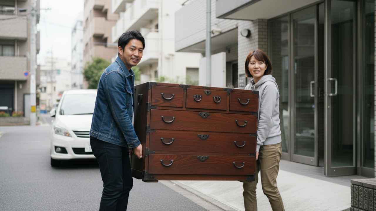 ご近所さんと対面でチェストを受け渡すイメージ。大人2人で運べるサイズなら取引が成立しやすい