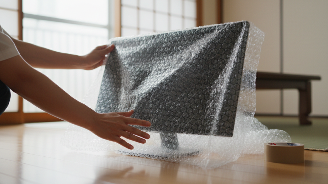 モニターを緩衝材で梱包する様子。メーカー回収では自分で梱包して発送する必要がある