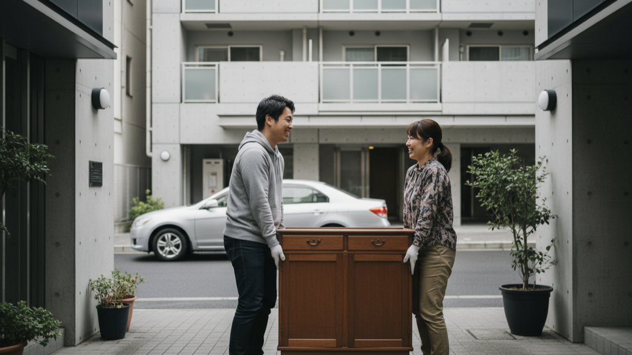 ご近所さんと対面で食器棚を受け渡すイメージ。上下に分けられれば大人2人で運べる