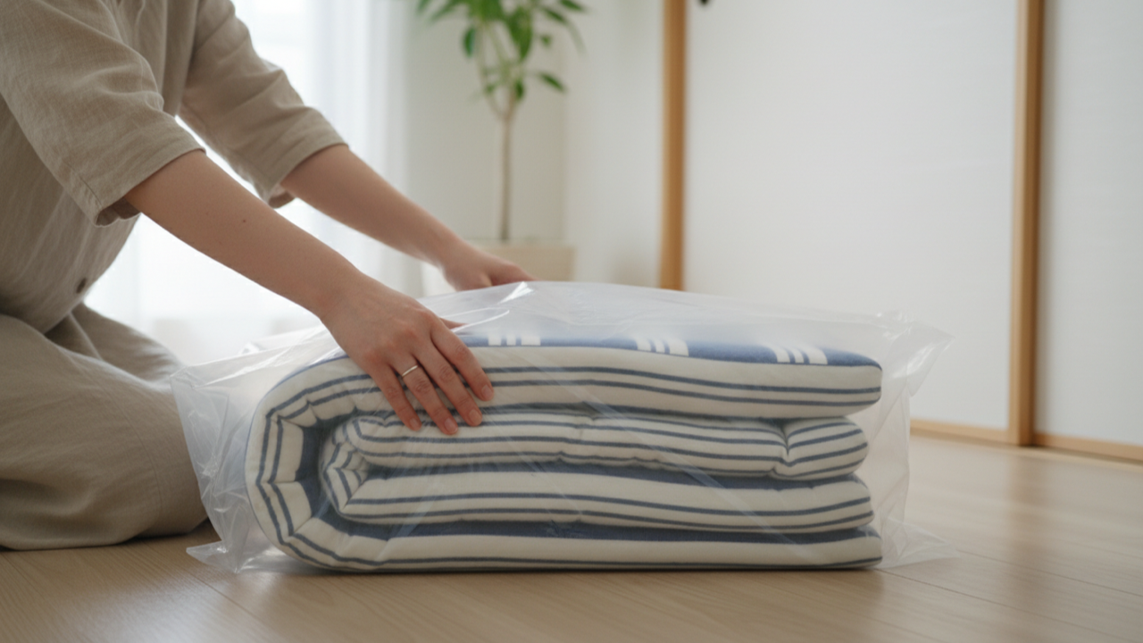 布団をビニール袋に入れて受け渡しの準備をする様子。雨よけと衛生面の配慮になる