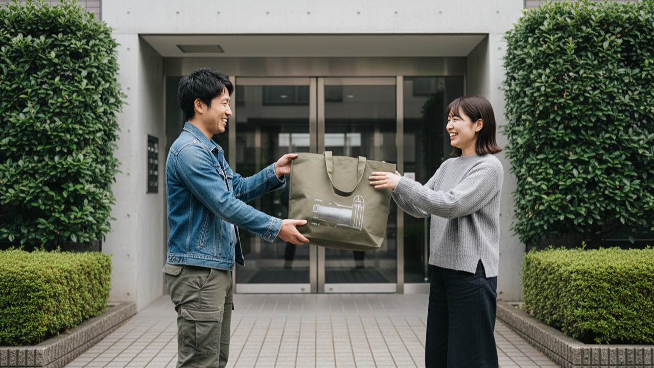  ご近所さんと対面で掃除機を受け渡すイメージ。形が不揃いなので袋に入れて渡すと喜ばれる