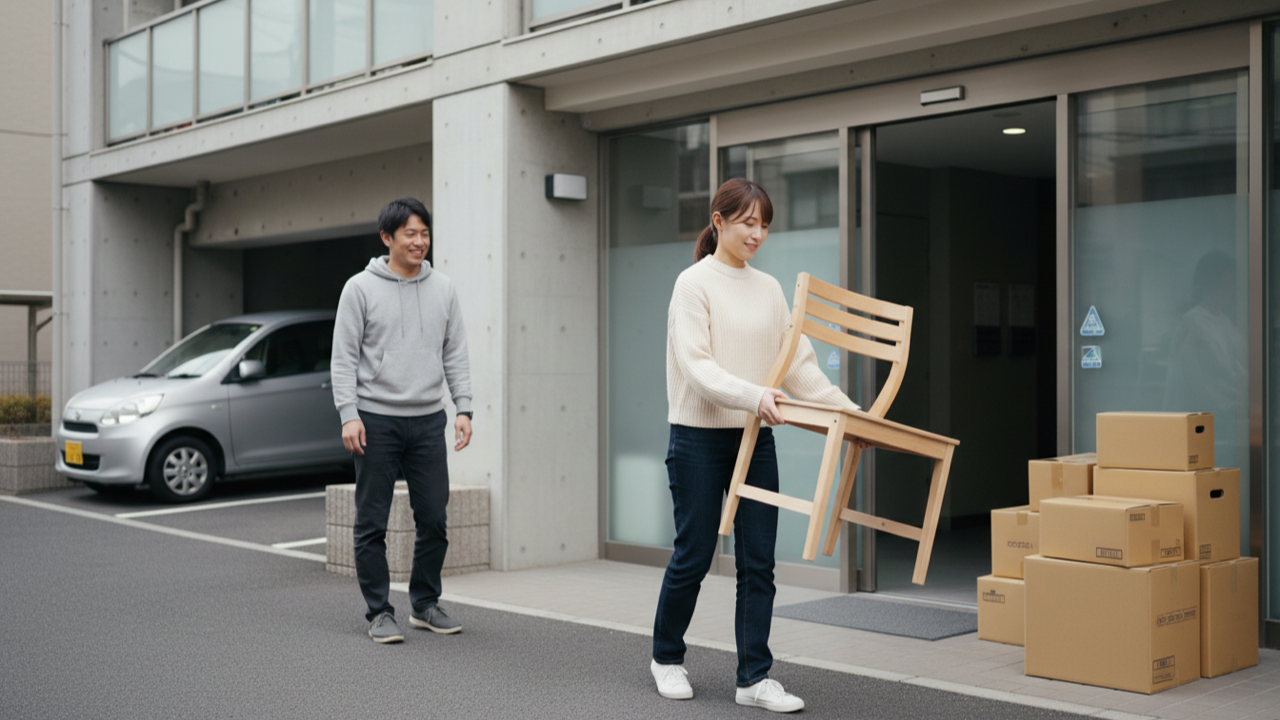 引越し前にご近所さんへ家具を渡すイメージ。対面取引なら送料も梱包も不要