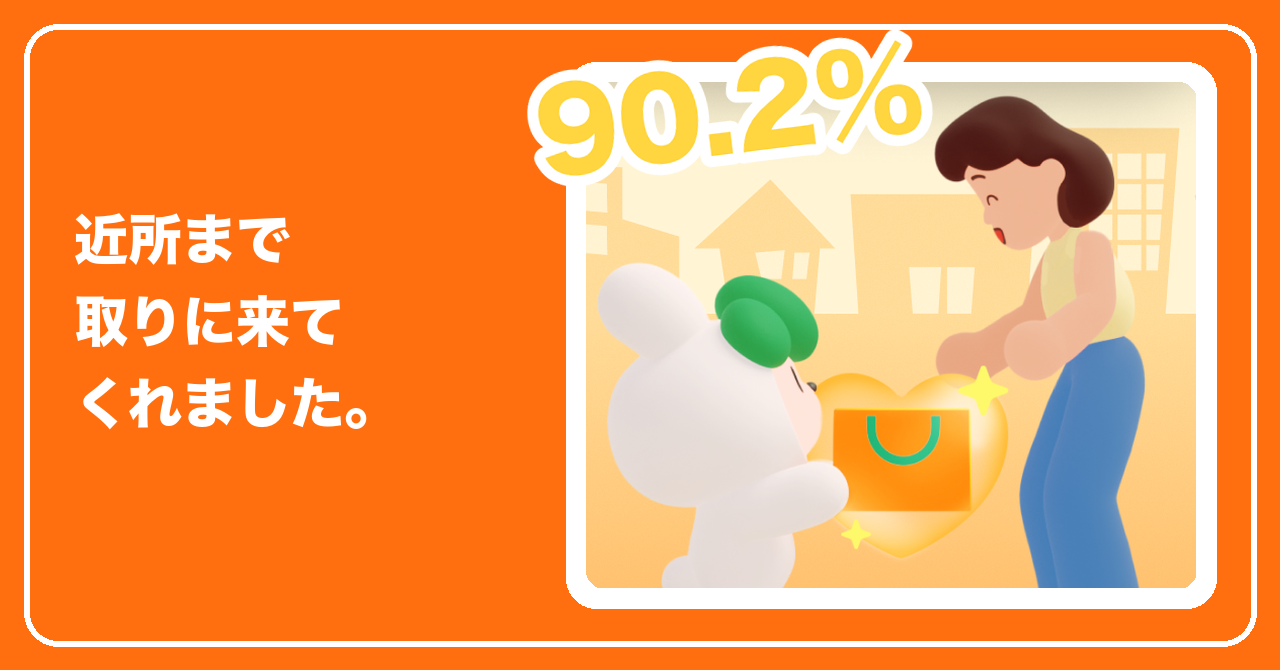 ご近所さんに直接商品を手渡すイラスト。マナー評価「近所まで取りに来てくれました。」は90.2% │