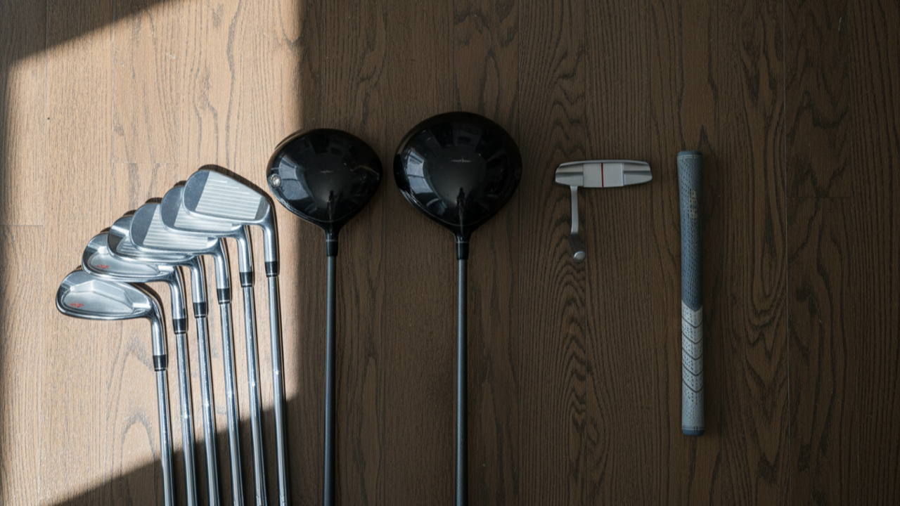 床に並べたゴルフクラブ一式。セットでまとめて出すと単品より高く取引される