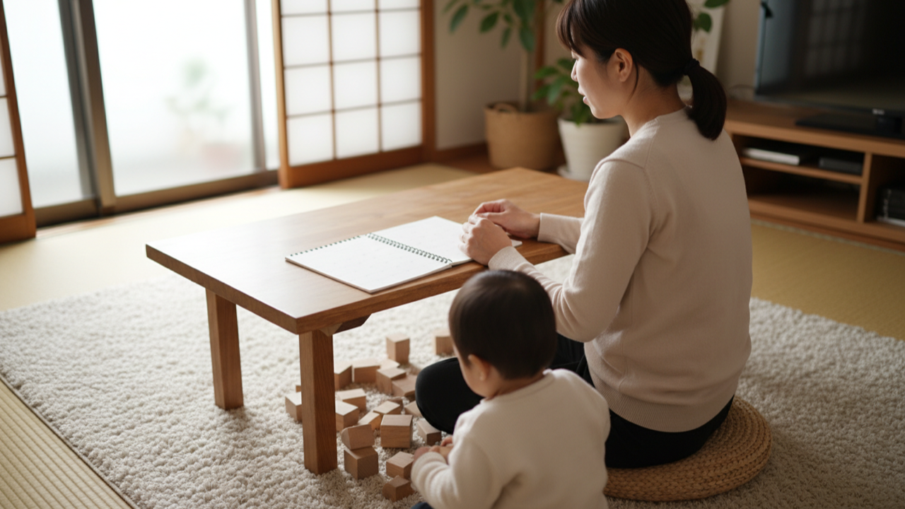 座卓にノートを広げて考えている母親と、そばで積み木で遊ぶ子ども