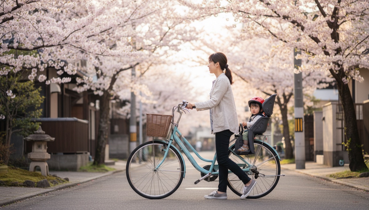 子どもを乗せた自転車を押して通園するお母さんと、ヘルメットをかぶった子ども