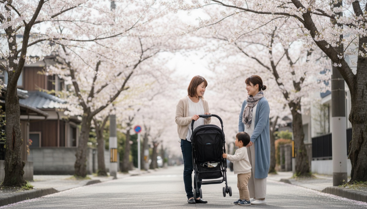 住宅街でベビーカーを受け渡すご近所のママ同士と、そばで見ている子ども