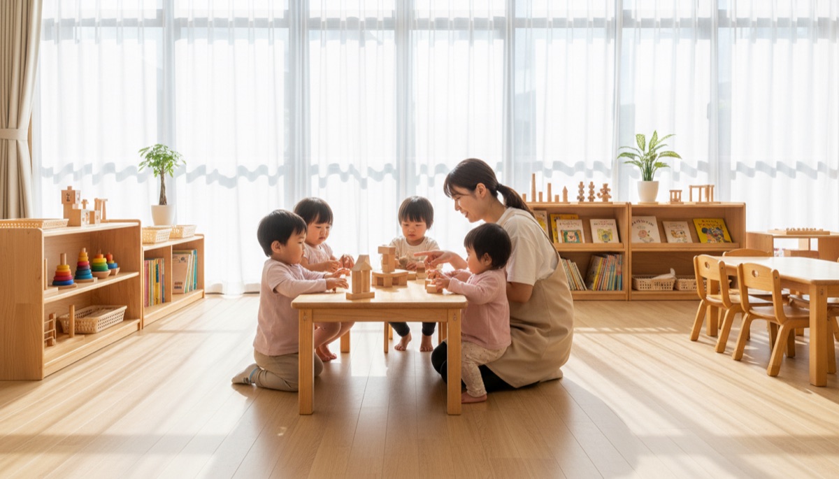 積み木で遊ぶ子どもたちに目線を合わせて話しかける保育士と、明るい保育室