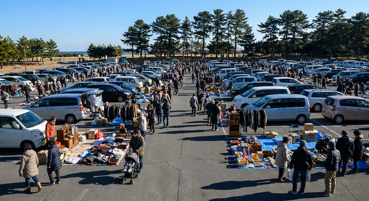  海辺の公園で、車を停めて品物を並べたフリーマーケットの様子
