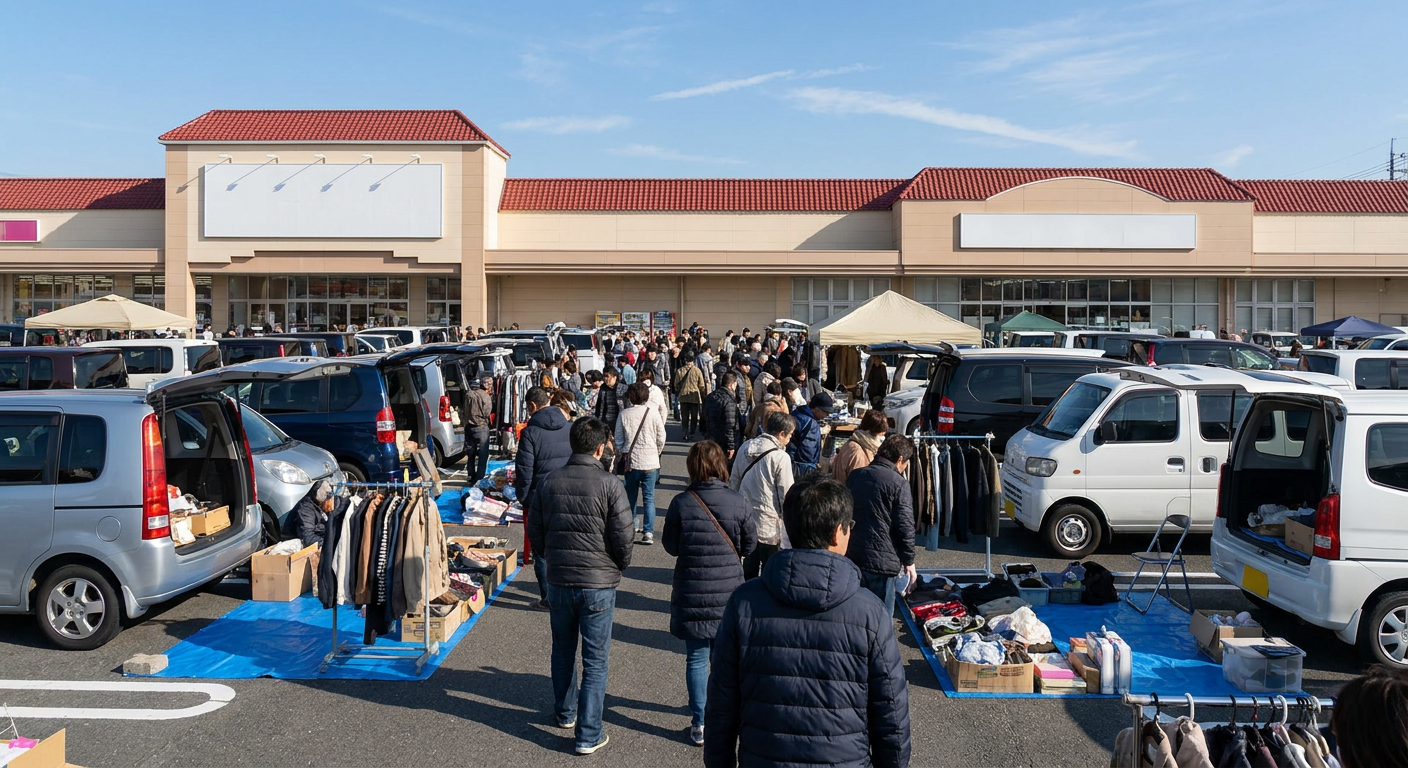  ショッピングセンターの駐車場で、車の後ろに品物を並べた車出店の様子