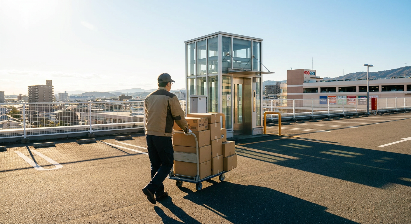 キャリーワゴンに荷物を積んで駐車場からエレベーターへ向かう親子