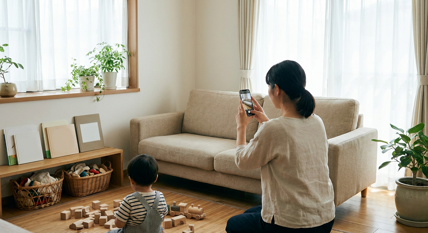 事前相談のためにソファをスマートフォンで撮影する様子