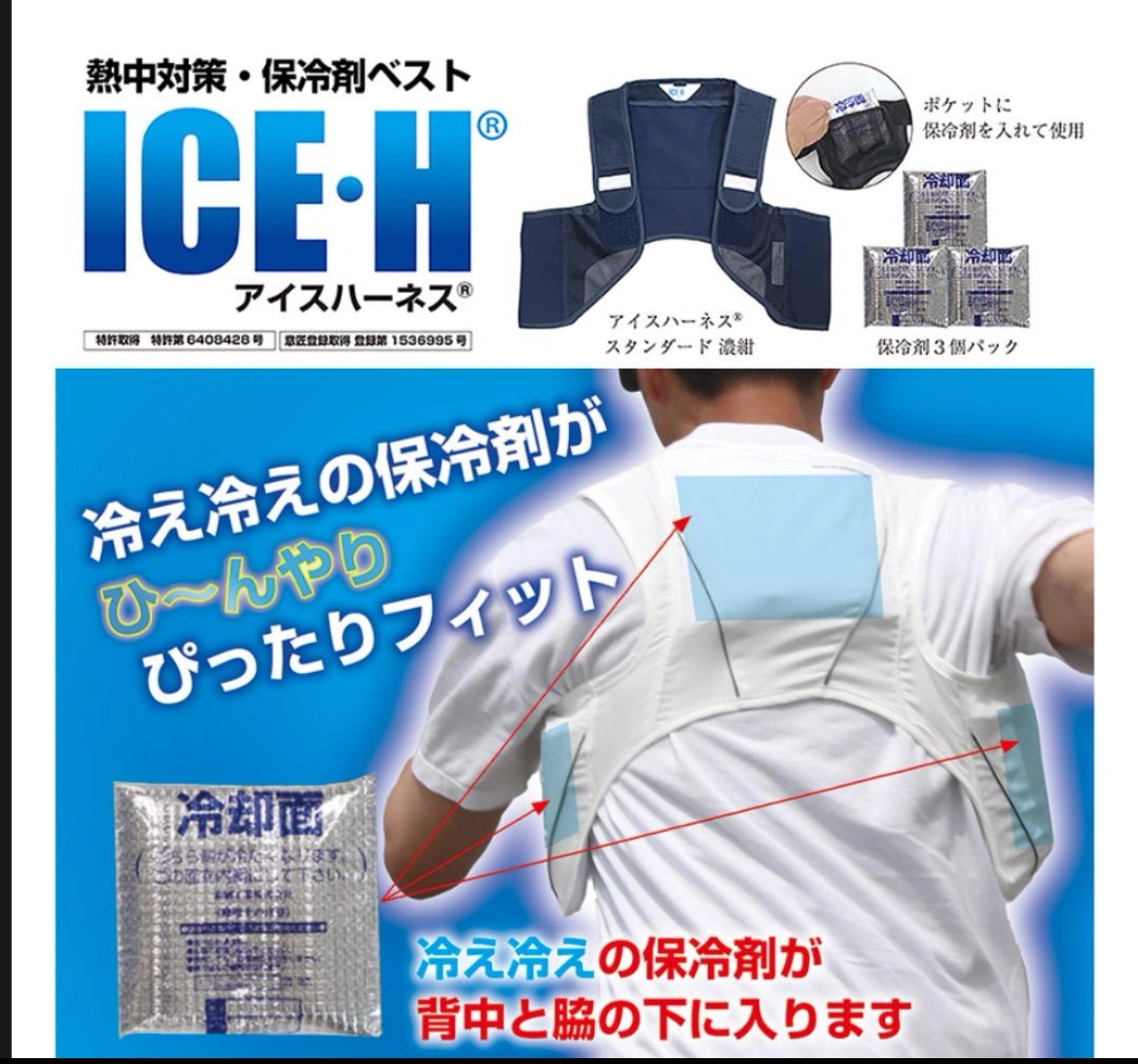 新品未使用 メッシュ冷却ベスト 保冷剤3個付 紺色 Lのみが有りの写真4枚目