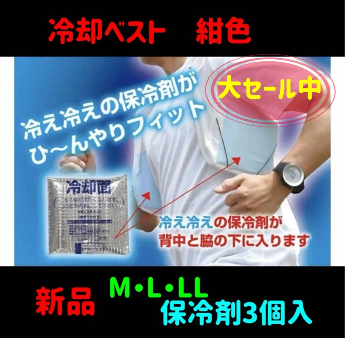 新品未使用 メッシュ冷却ベスト 保冷剤3個付 紺色 Lのみが有り