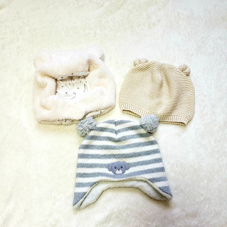 ニット帽 3点セット 46~48cm ストライプ柄 耳付 GAPアカチャンホンポ