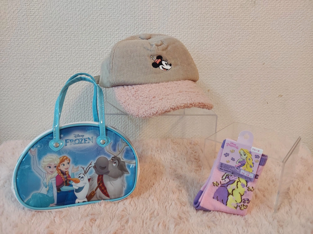 ミニー刺繍ベージュキャップとアナ雪バッグ、くつ下セット