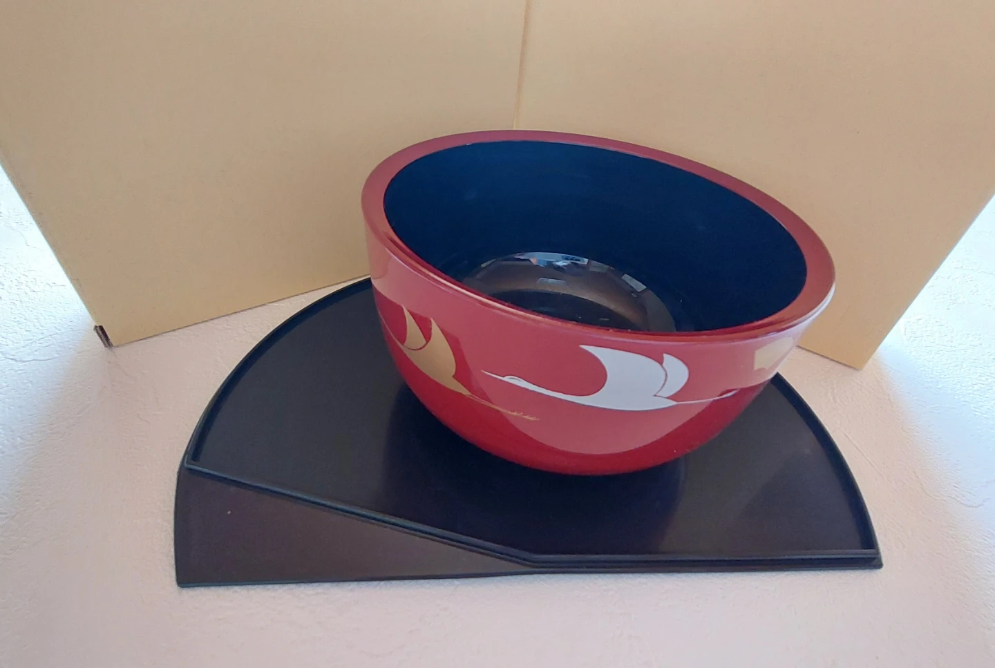 9️⃣9️⃣漆器 汁椀 5客セット 朱色/黒 鶴柄