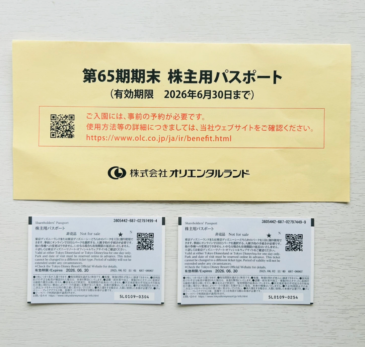 ディズニー 株主用パスポート 2枚の写真2枚目