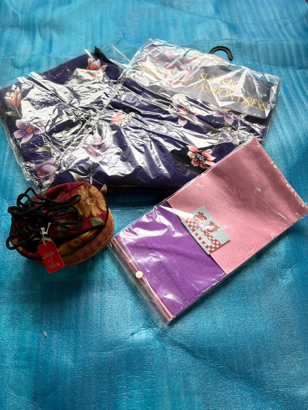 浴衣 3点セット 花柄 巾着 帯付き